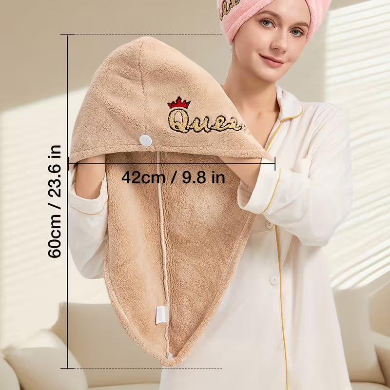 Women's Queen Letter Embroidered Hair Dryer Cap - Thick Super Absorbent Headband Suitable for Quick-Drying, Hair Volume for Curly/Wavy Hair, 400GSM Blow Dry Cap