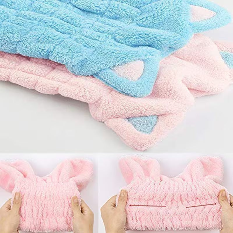 2pcs Ultra Absorbent Microfiber Hair Dry Wrap Turban with Cute Kitty Ears | Quick Drying Bath Tool Hat for Women