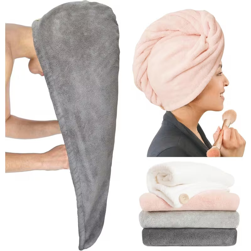 4 Pack Women's Extra Large Microfiber Hair Towel Wrap with Button - Quick-Dry Hair Turban Suitable for Curly/Long/Short Hair, Anti-Frizz Technology, Non-Slip Elastic Loop & Wood Buckle Closure, Ultra-Soft Hair Drying Towels (4 Pack)