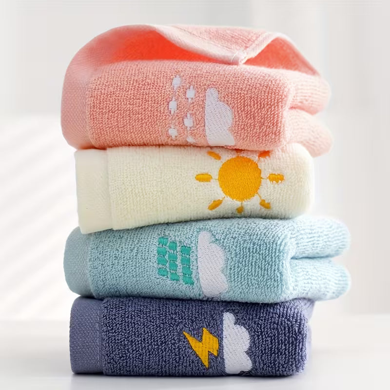 Set of 4 Cotton Face Towels with Weather Patterns, Soft And Absorbent for Everyday Use