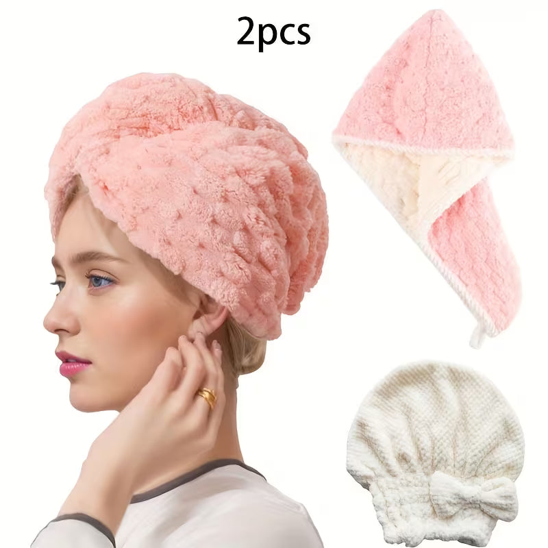 2pcs (1 Dry Hair Towel+1 Dry Hair Cap) Double-layer Dual Color Thick Coral Fleece Dry Hair Cap, Headscarf, Cute Bow Dry Hair Cap