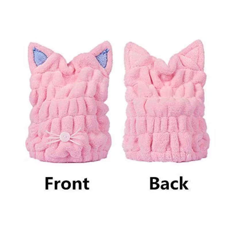 2pcs Ultra Absorbent Microfiber Hair Dry Wrap Turban with Cute Kitty Ears | Quick Drying Bath Tool Hat for Women