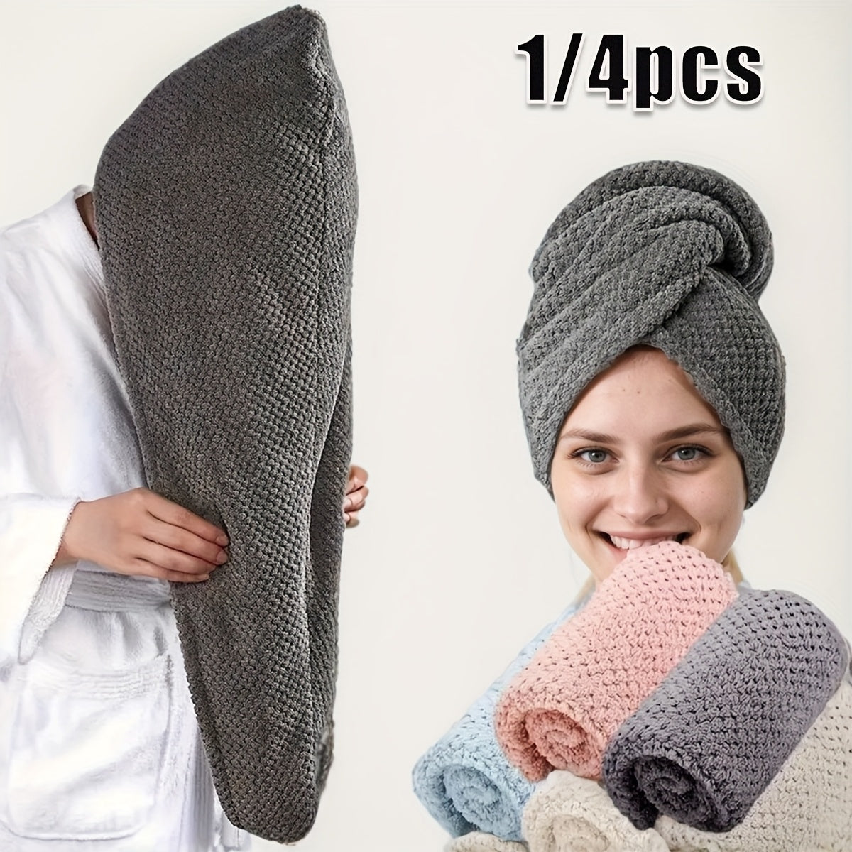 1\u002F4pcs Microfiber Hair Towel, 300GSM Soft Hair Drying Cap, Simple Solid Color Hair Towel for Bathroom, Super Absorbent Hair Wrap Towel for Curls, Anti-Frizz Hair Turban for Wet Hair, Bathroom Essentials, Bathroom Accessories