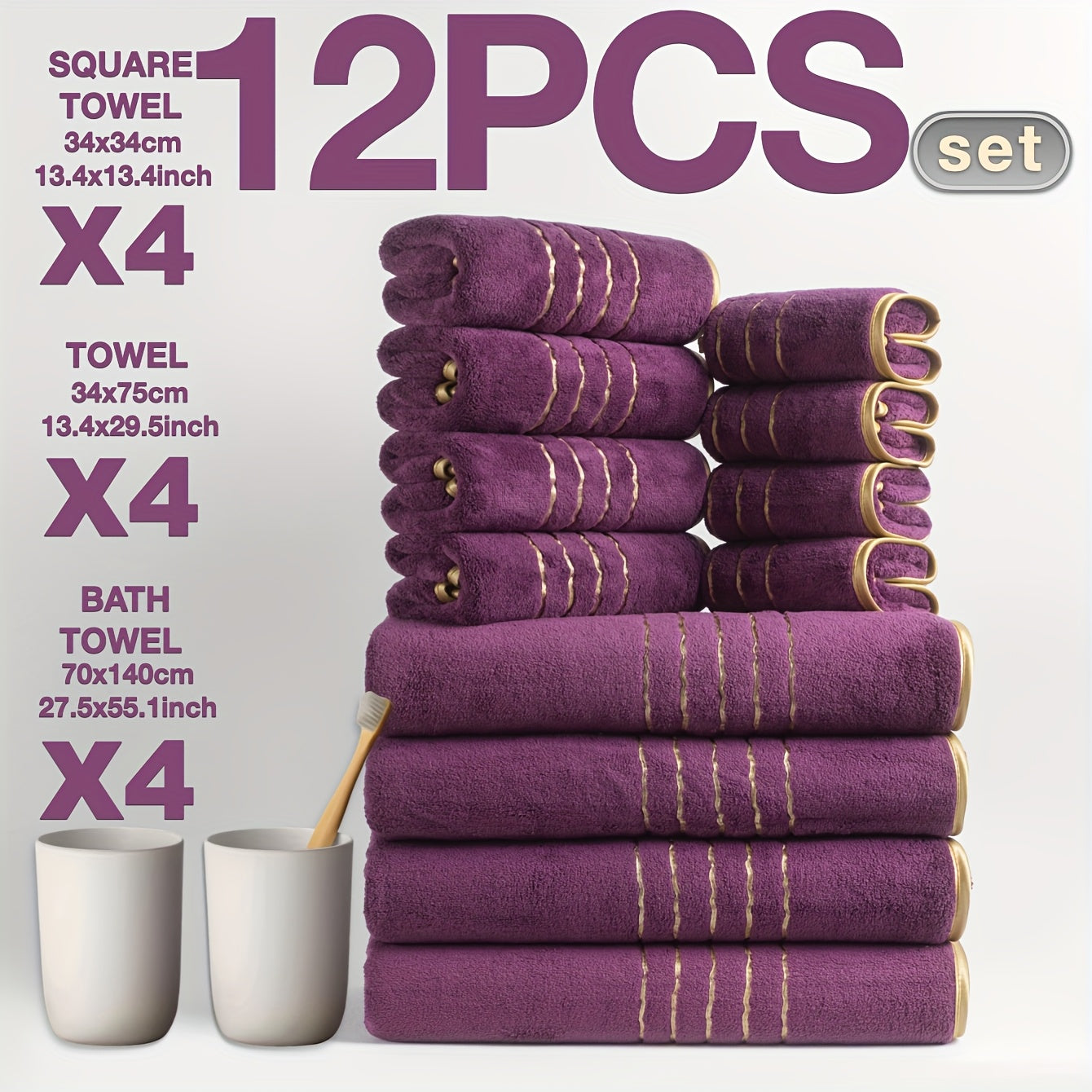 12pcs Set of Ultra-Soft Luxury Golden Thread Coral Washcloth Towel Bath Towel Set, 4pcs 27.5 x 55.1 Inch Bath Towel, 4pcs 13.4 x 29.5 Inch Hand Towel, 4pcs 13.4 x 13.4 Inch Washcloth, Comfortable Soft Quick-Dry, Fast Absorbing, Lightweight Bathroom