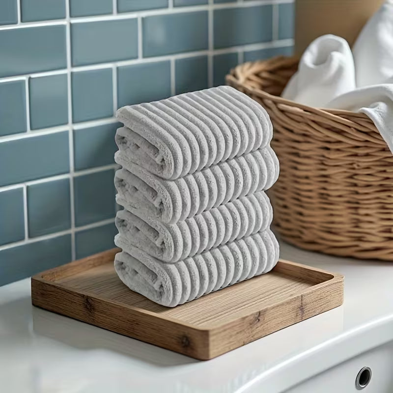 4-Pack Soft Coral Towels - Quick-Dry Striped Bath & Hand Towels Suitable for Bathroom, Travel, Camping - Bedspread Color (No Shedding/Color Loss) - Contemporary Rectangular Towels