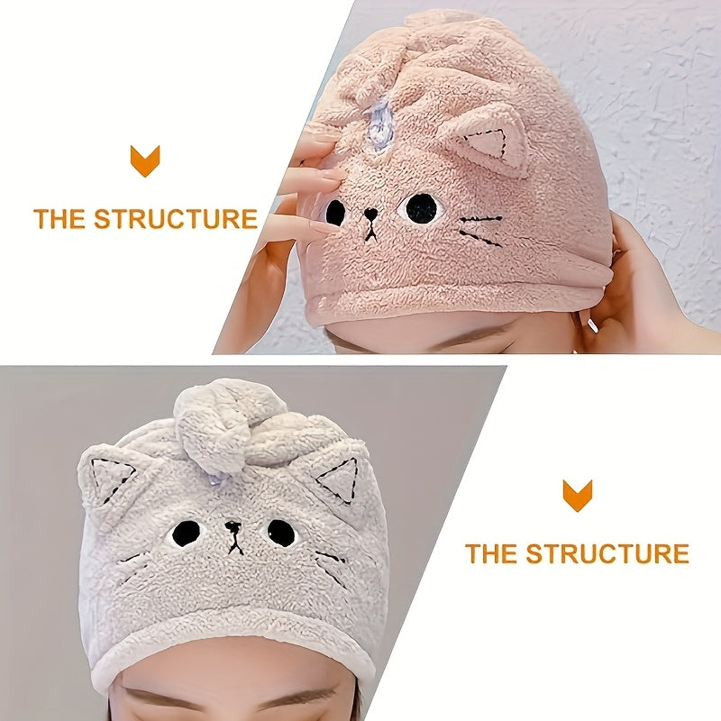 1pc Women's Quick-Dry Hair Towel Cap, Cute Cat, Absorbent Soft Polyester Fabric, Unscented, Suitable for Long Curly Hair, Multiple Colors (Beige, Pink, Light Gray)