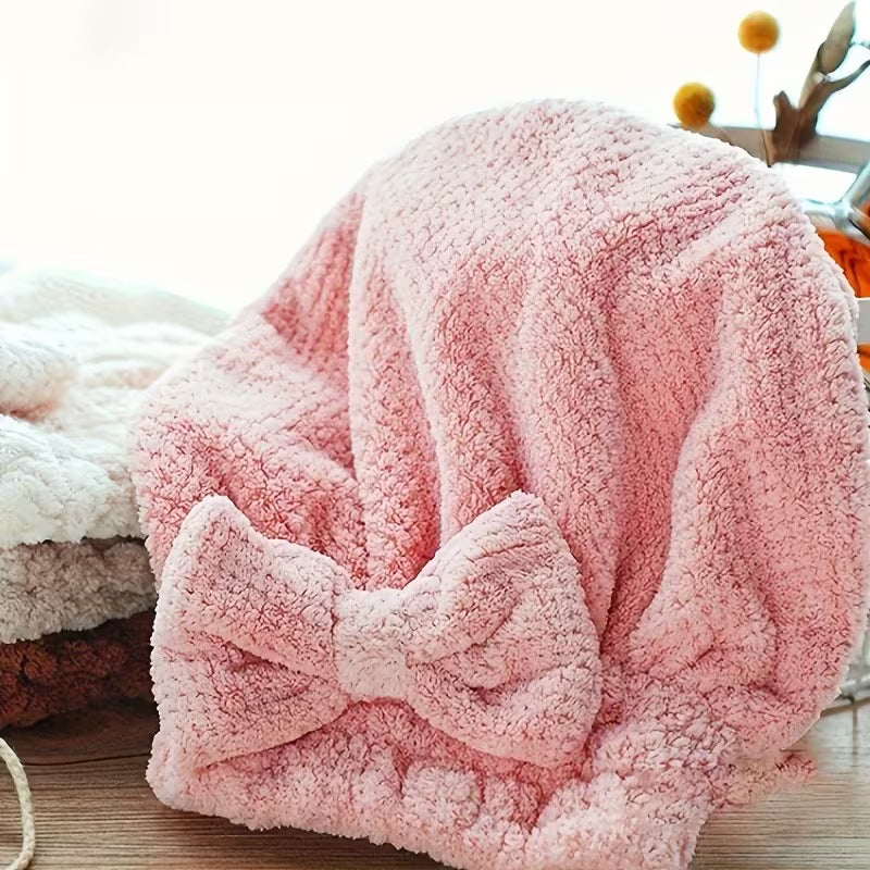 2pcs (1 Dry Hair Towel+1 Dry Hair Cap) Double-layer Dual Color Thick Coral Fleece Dry Hair Cap, Headscarf, Cute Bow Dry Hair Cap