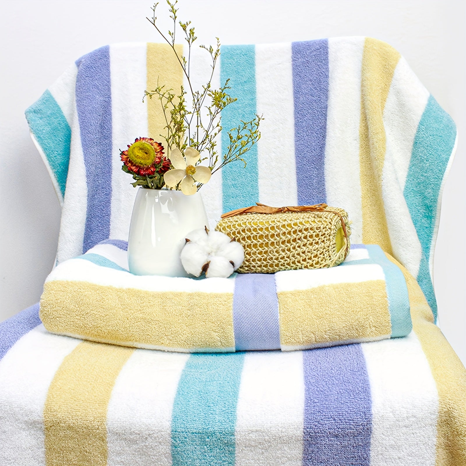 4pcs Heavy-Duty 100% Cotton Bath Towels Set - Large Luxury Spa & Hotel Towel Collection with Pastel Blue\Pink\Green\Yellow Stripes
