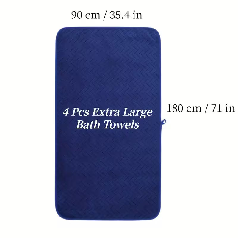 Set of 4 Oversized Bath Towels Measuring 90 by 190 Cm (35.4 by 75 Inches), Made from Ultra-Fine Fiber Material. These Fluffy, Solid-Colored Towels Offer Excellent Absorbency And Are Soft And Comfortable