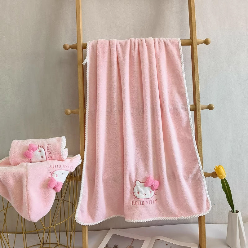 3pcs Sanrio Hello Kitty Bath Towel | Quick-Dry Thick Coral Towels with Hello Kitty Design, Cute Cartoon Theme, Contemporary Style, Fabric, 380 g\m², Suitable for Women and Adults, Wash Cloths