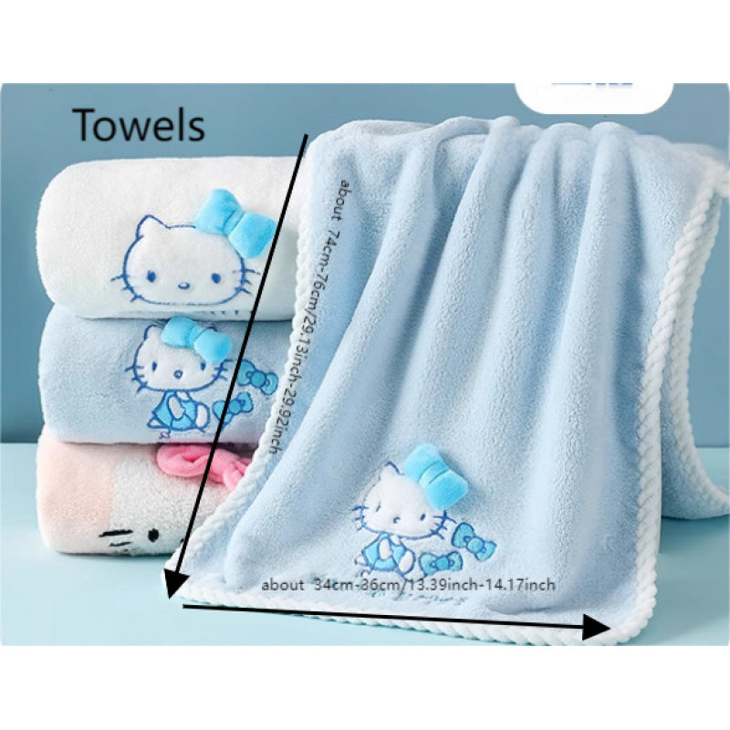3pcs Sanrio Hello Kitty Bath Towel | Quick-Dry Thick Coral Towels with Hello Kitty Design, Cute Cartoon Theme, Contemporary Style, Fabric, 380 g\m², Suitable for Women and Adults, Wash Cloths