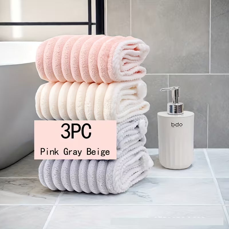 3pcs Thickened Candy Stripe Coral Fleece Hair Towels, Wavy Pattern Extra Large & Thick - Quick Dry, Ultra Soft Durable Hair Turban for Women, Suitable for Long and Short Hair
